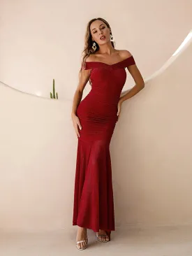Women Off Shoulder Ruched Prom Dresses Illusion Mermaid Long Evening Dress Red 601