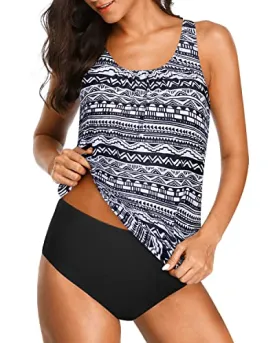 Women's Athletic Tankini Sets Shorts For Comfortable Swimwear-Black Tribal