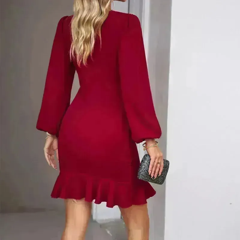 Women's Puff Long Sleeve Fashion Solid Color Bodycon Formal Dress Women Clothing