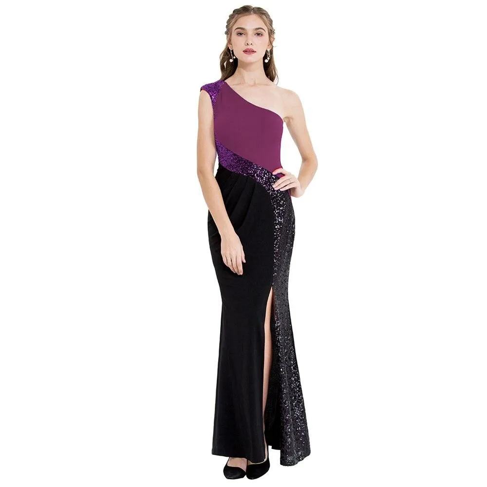 Women's Purple Black Evening Dresses Splicing Sequin Ruched Slit Long Bodycon Vintage Luxury Party Gown 446