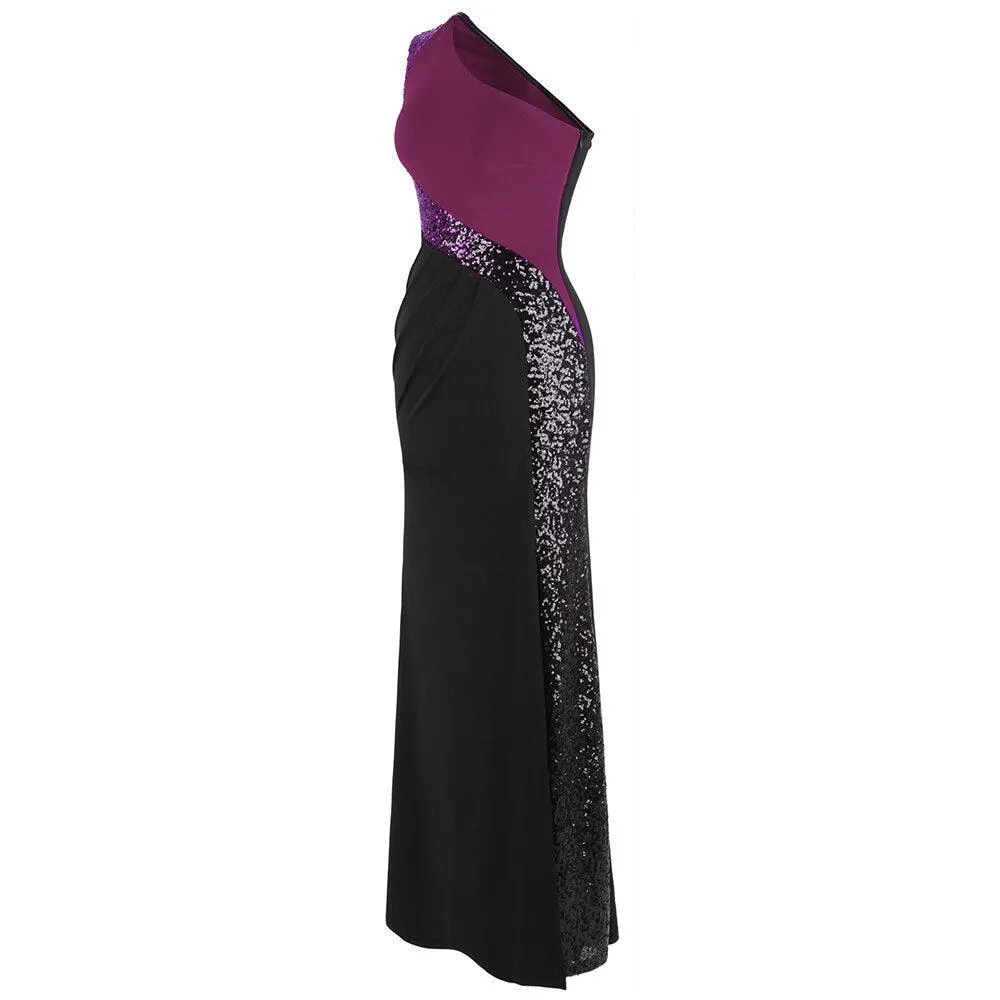 Women's Purple Black Evening Dresses Splicing Sequin Ruched Slit Long Bodycon Vintage Luxury Party Gown 446