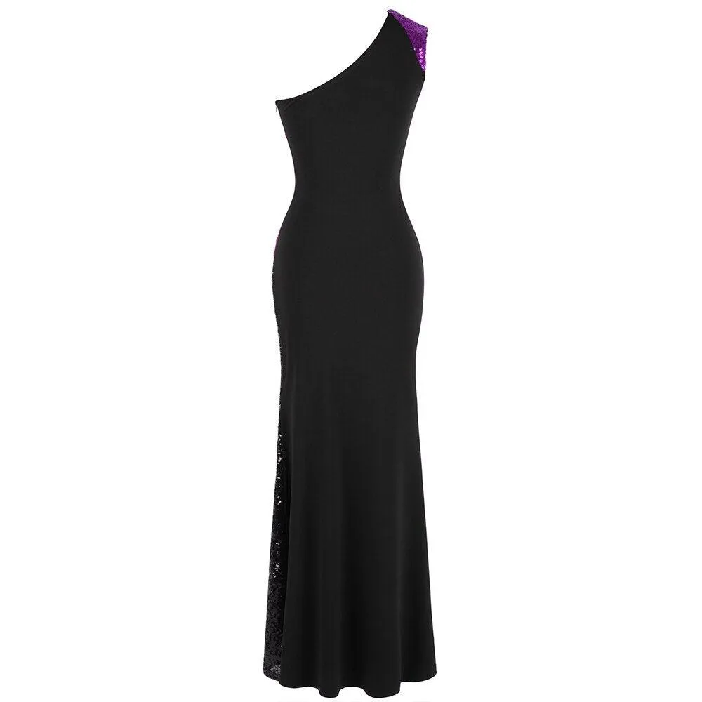 Women's Purple Black Evening Dresses Splicing Sequin Ruched Slit Long Bodycon Vintage Luxury Party Gown 446