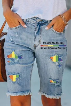 Women's Rainbow Print Frayed Raw Denim Short Jeans Ripped Denim Bermuda Shorts