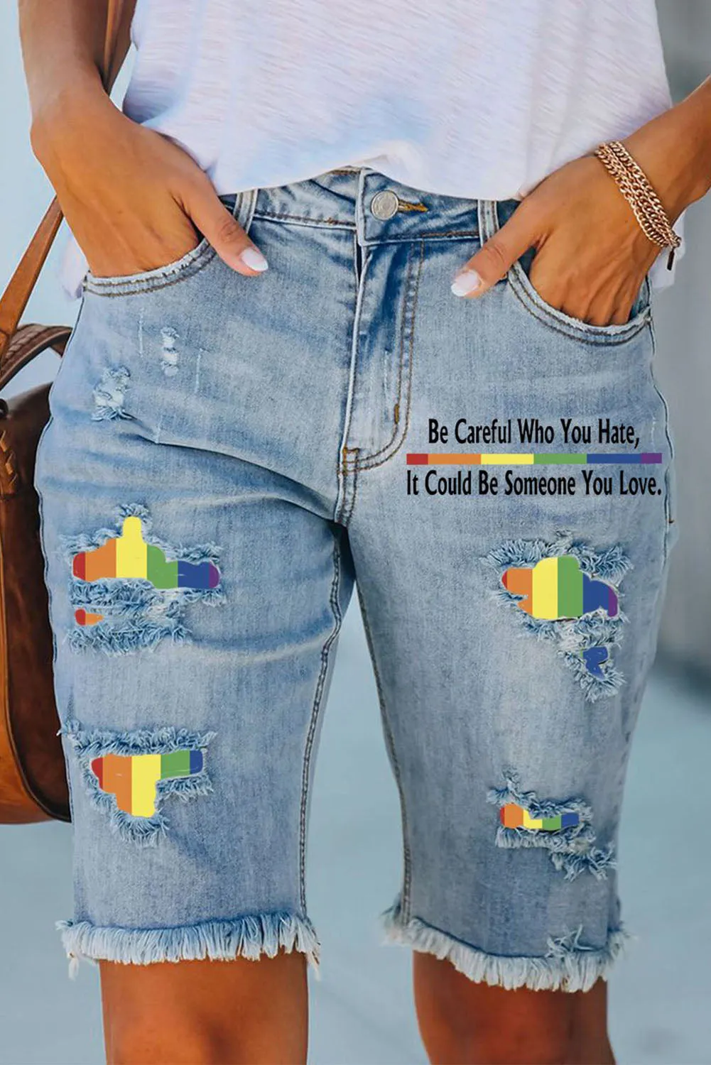 Women's Rainbow Print Frayed Raw Denim Short Jeans Ripped Denim Bermuda Shorts